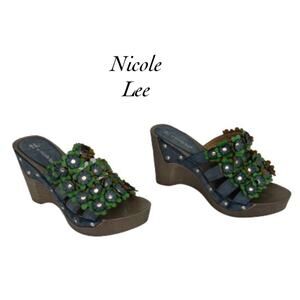 Nicole Lee Blue Leather Flower Strap Wedges Sandals Size 38